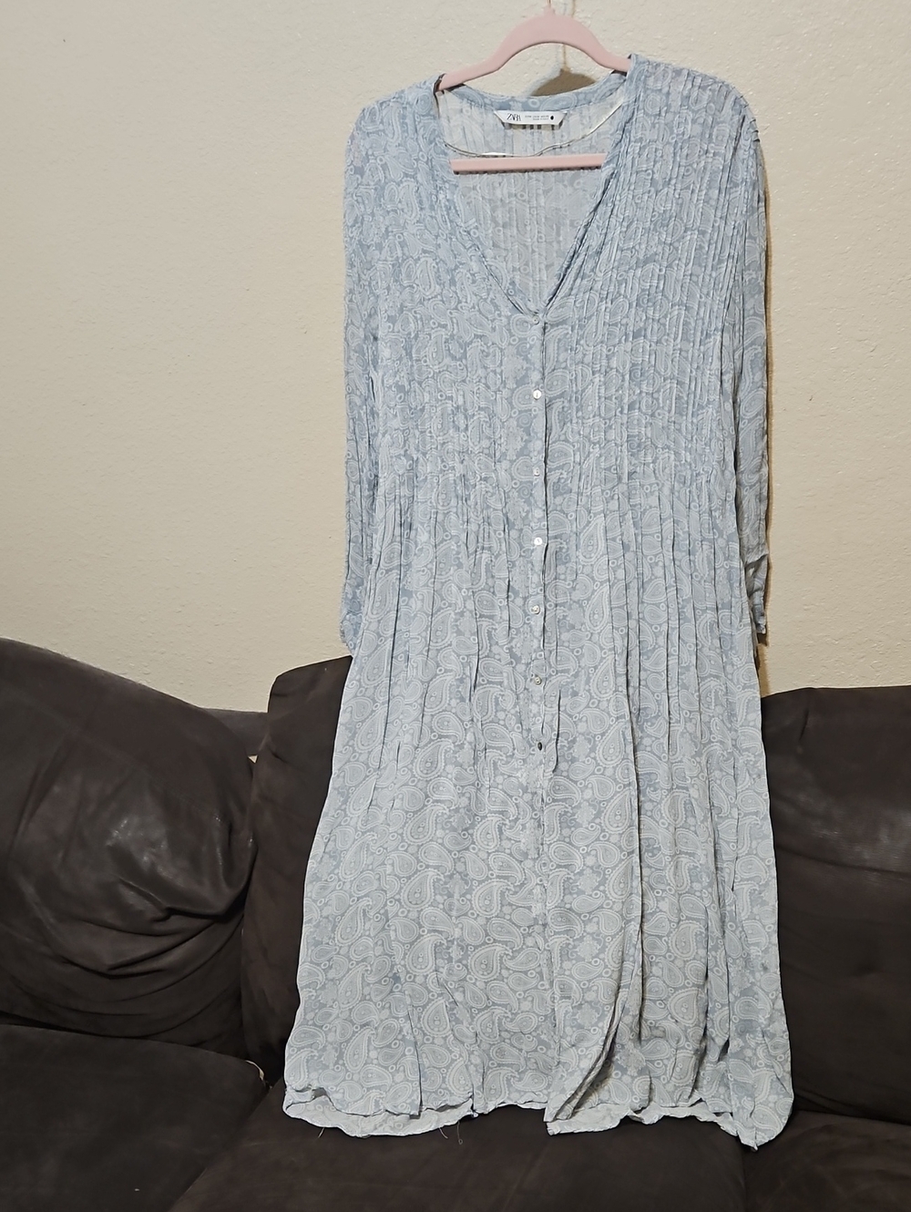 Zara Light Blue Paisley Button-Front Long Sleeve Dress